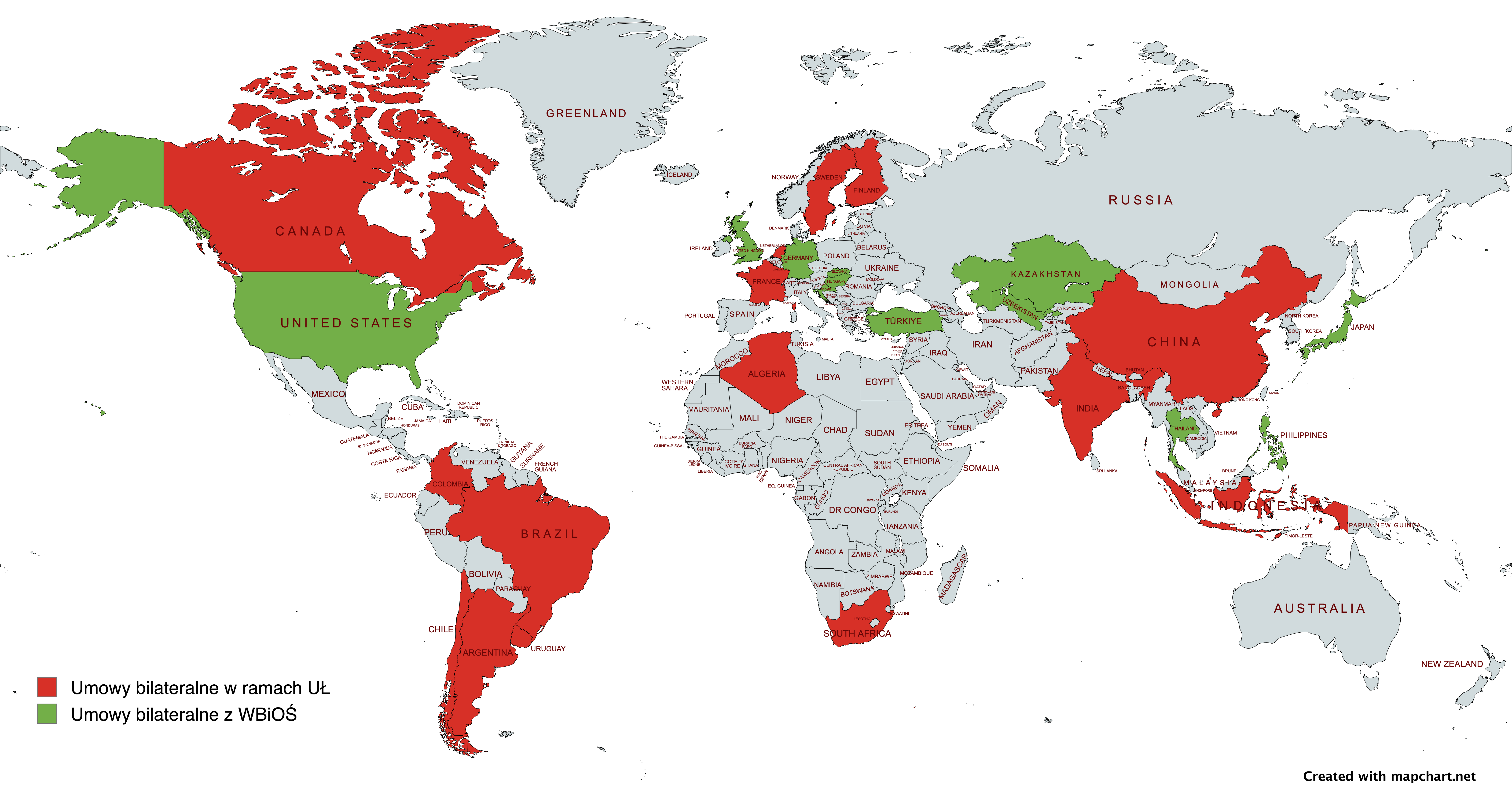 Mapa krajów, które mają podpisane umowy bilateralne Mapa krajów, które mają podpisane umowy bilateralne