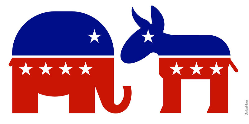 An elephant and a donkey in American colours