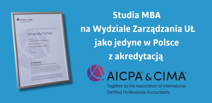 A graphic with blue background showing AICPA CIMA certification for the MBA studies