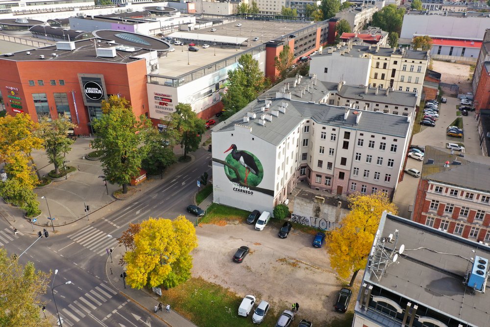 The mural with a black stork from a drone perspective