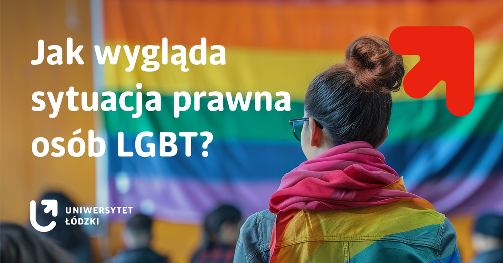 Osoba z tęczową flagą na ramionach widziana od tyłu na tle tęczowej flagi oraz napis "Jak wygląda sytuacja prawna osób LGBT?" Osoba z tęczową flagą na ramionach widziana od tyłu na tle tęczowej flagi oraz napis "Jak wygląda sytuacja prawna osób LGBT?"