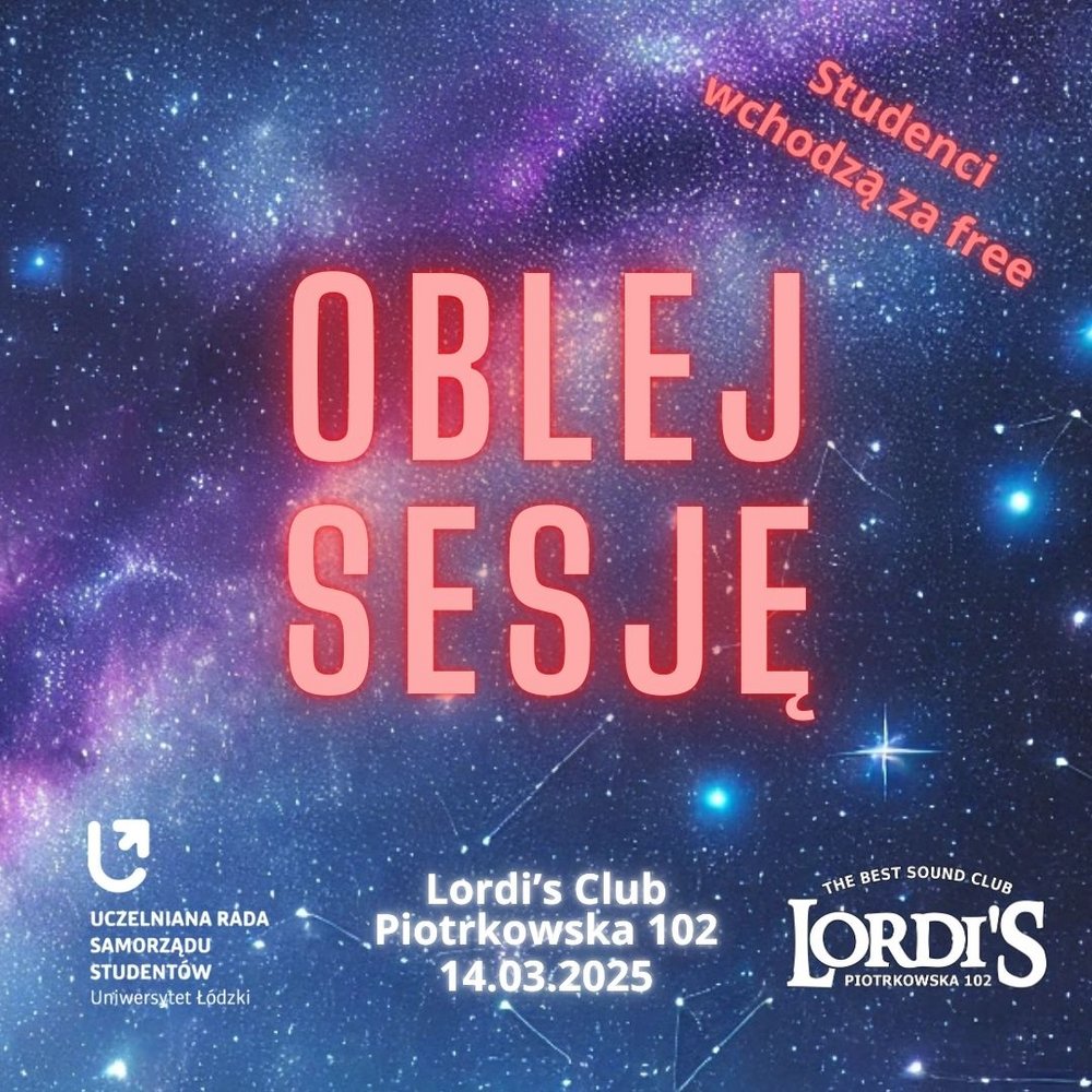 kolorowy plakat wydarzenia z pomarańczowym napisem "Oblej sesję!"