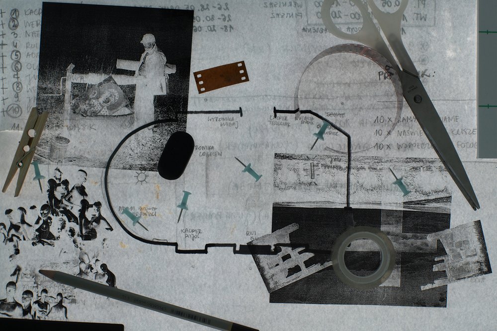 The photo shows fragments of collages of photographs lying on a lightbox.