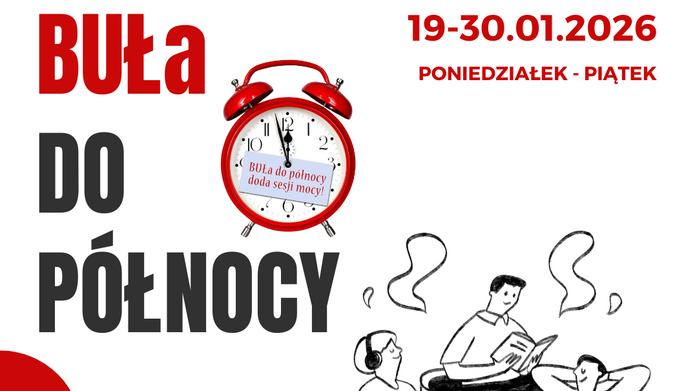 Plakat wydarzenia z czerwonym budzikiem, nazwą i czasem trwania akcji.