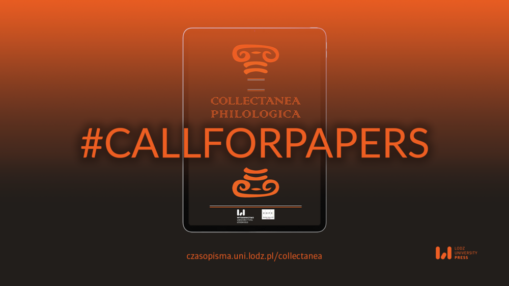 The graphic features a dark orange background fading into black, with an illustration of a tablet displaying the cover of the "Collectanea Philologica" journal and a large "#CALLFORPAPERS" text in bright orange.