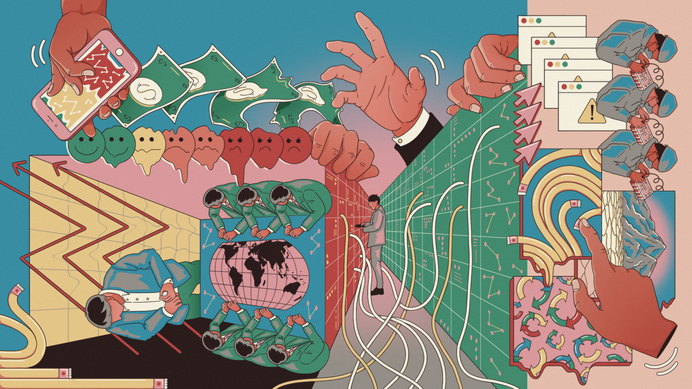 A picture depicting corporate power and profits maintained through exploitation, control and domination, concentrated in the hands of a few decision-makers who are mostly white and mostly male