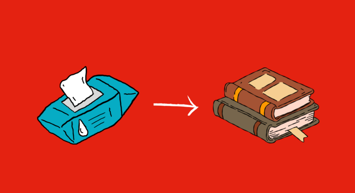 a pack of wet wipes and two books on a red background