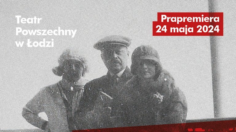 Plakat do spektaklu "Biedermannowie" w Teatrze Powszechnym, informujący o premierze.