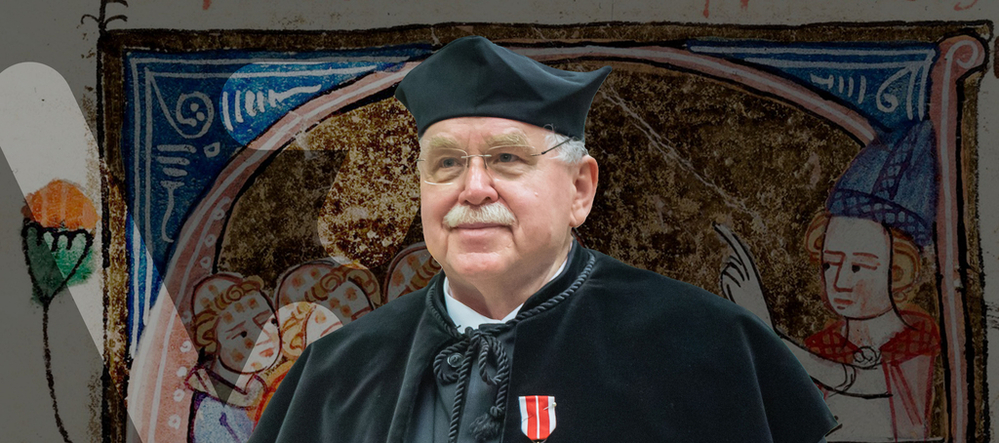 Portret prof. Macieja Henneberga na tle średniowiecznej ryciny