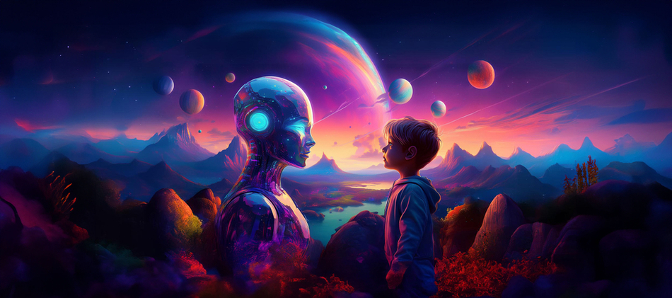 A graphic showing a child talking with AI A graphic showing a child talking with AI
