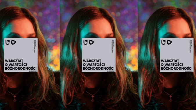 zmultiplikowana twarz kobiety zasłonięta napisem "Warsztat o wartości różnorodności"